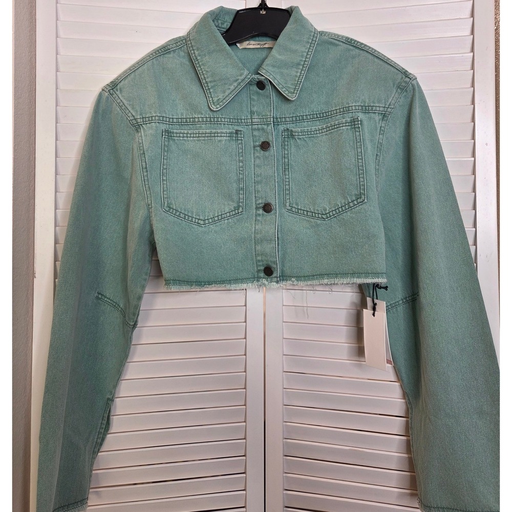 Honor The Gift Cropped Denim Trucker Jacket S Sage Green Frayed NWT
